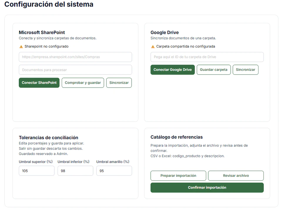 Pantalla de configuración con conexiones, tolerancias y catálogo